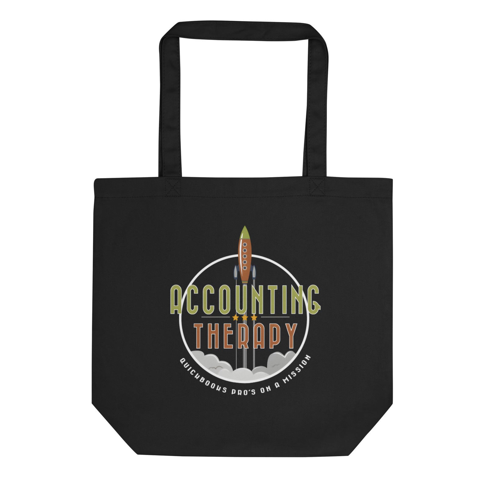 Black tote bag with 'Accounting Therapy' graphic design