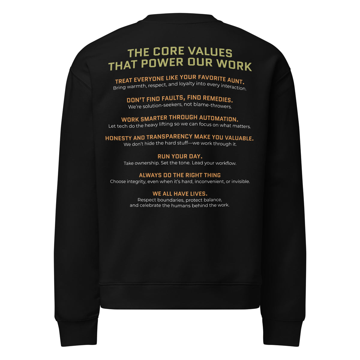 Black sweatshirt with text on the back  stating Accounting Therapy core values