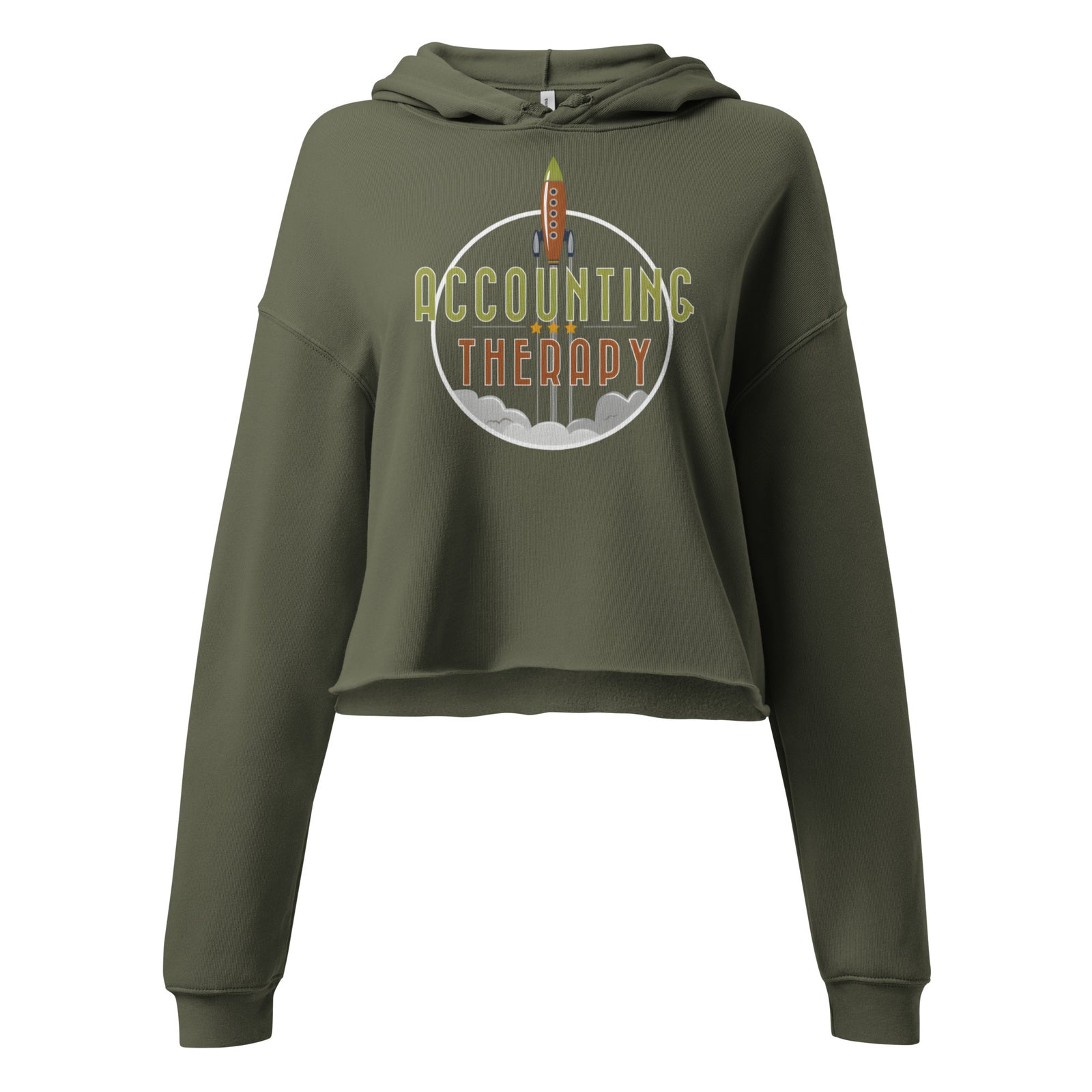 Product mockup - Front view of a women’s cropped hoodie in green color with drawstrings, long sleeves, and a raw hem